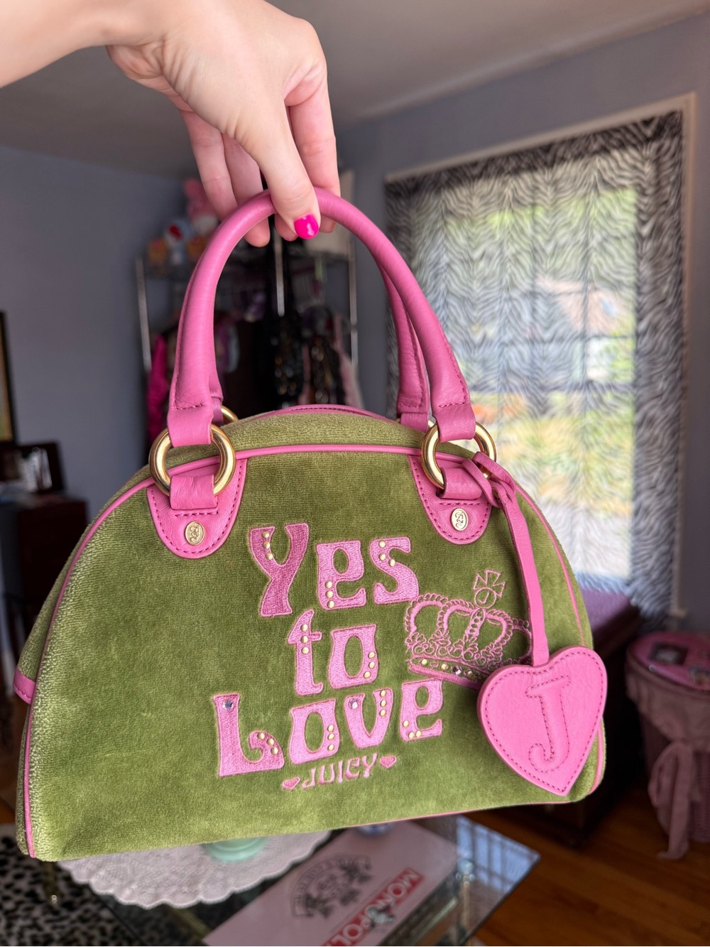 Juicy Couture Green Suede Satchel with Pink Trim and Heart Charm